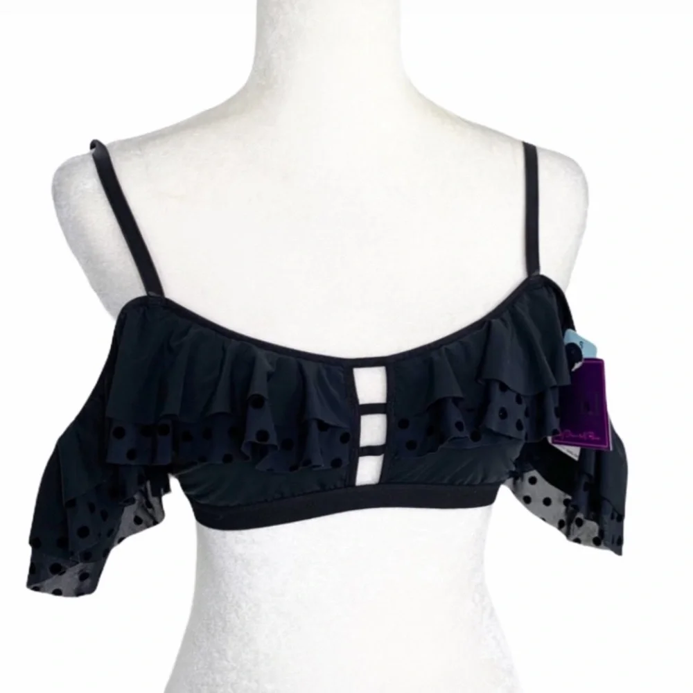 SAKI Polka Dot Flutter Ruffle Bralette Lounge Top Black S NWT